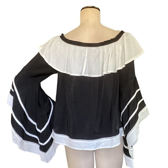 P Luca Milano L Black & White Ruffle Neck Embroidered Lace Front Top 108J - Picture 4 of 9